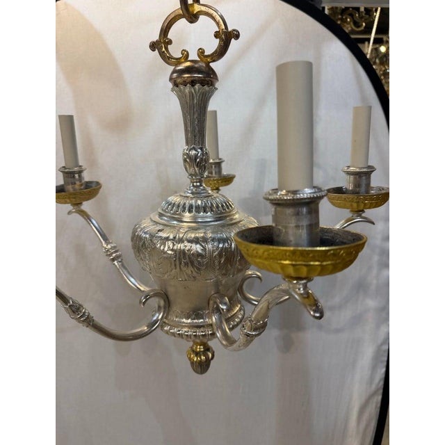 1900 Caldwell silver plated and gild bronze chandelier with 5 lights, neoclassical style