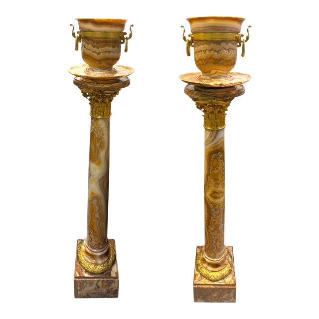 A Pair of Ormolu Mounted Onyx Pedestal Jardinieres by H. Journet For Sale