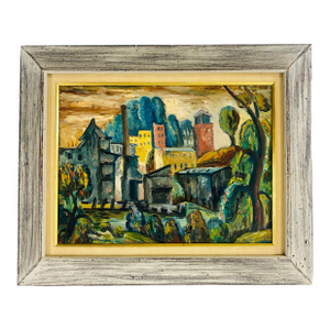 Mid-Century Vintage Oil on Board Impressionist Style Cityscape