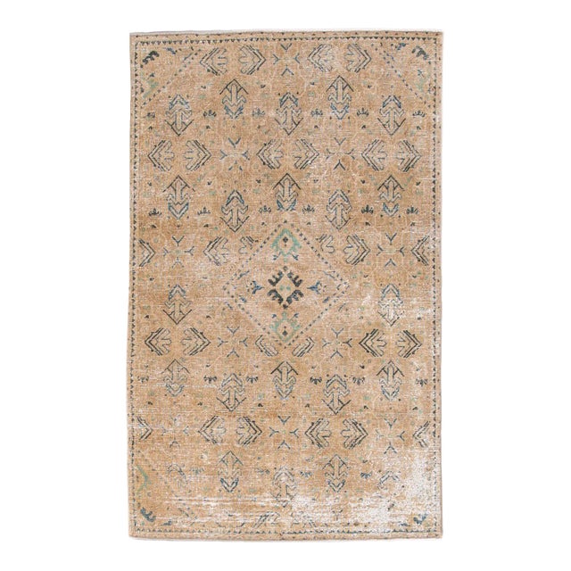 Vintage Persian Distressed Handmade Beige Geometric Wool Rug For Sale