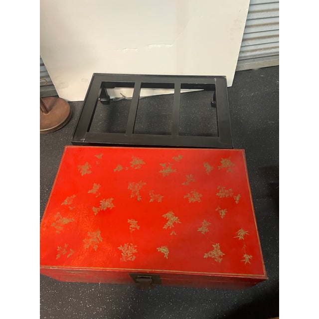 1920s Antique Chinese Hand Painted Red Lacquer Trunk on Stand For Sale - Image 9 of 10