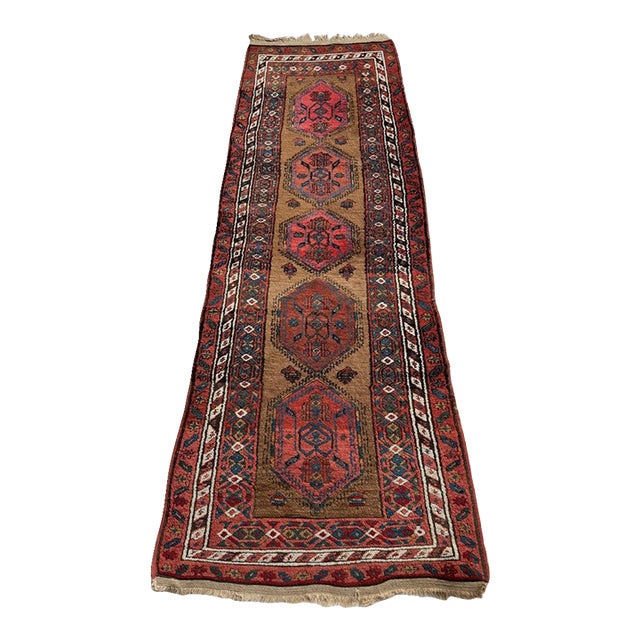 Antique Camel Hair Runnr with Coral Pinks, Watermelon, Rust Rug 3.2 x 9.5 For Sale