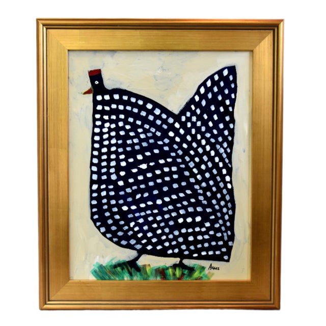 2020s Original Dark Blue Folk Art Chicken Hen Painting by Ruth Arenz Including the Antiqued Gold Wood Fame For Sale - Image 5 of 5