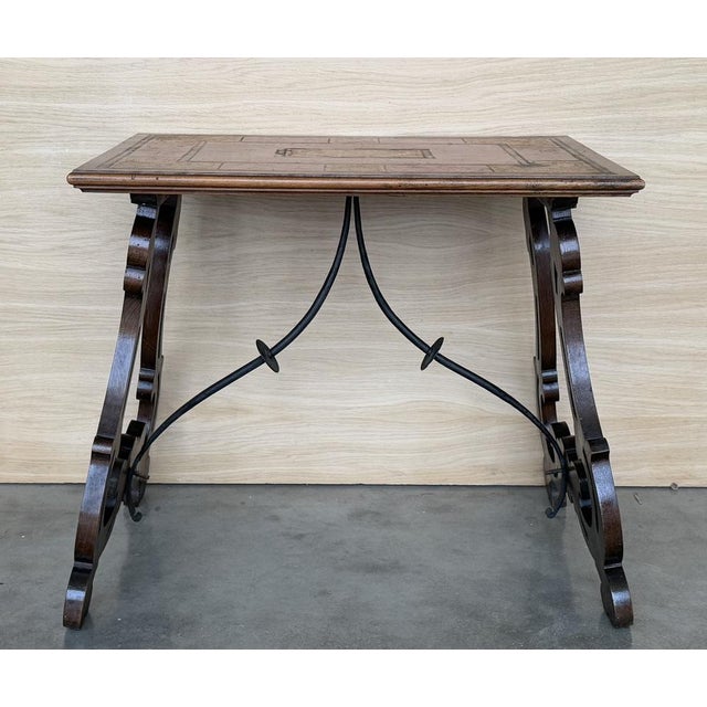 Brown Spanish Baroque Side Table with Lyre Legs and Marquetry Top, 1850 For Sale - Image 8 of 14