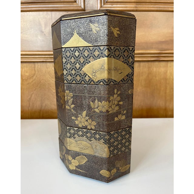 An antique jubako (stack boxes) with five tiers in an elongated octagon shape circa 19th century (end of Edo or beginning...
