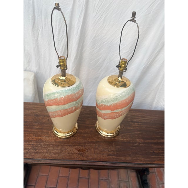 1980s Postmodern Ceramic Pastel Drip Glaze Table Lamps - A Pair For Sale In Palm Springs - Image 6 of 12
