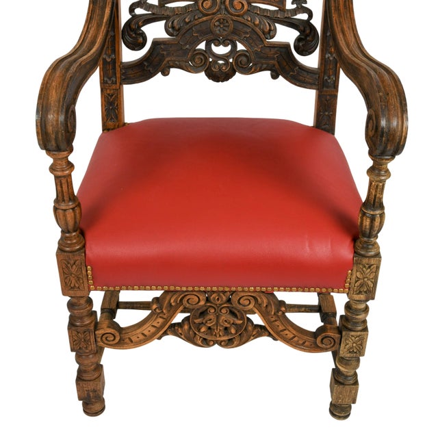 Antique Pair of Carved Walnut Jacobean Revival Throne Chairs With Red Leather Seats For Sale - Image 9 of 16
