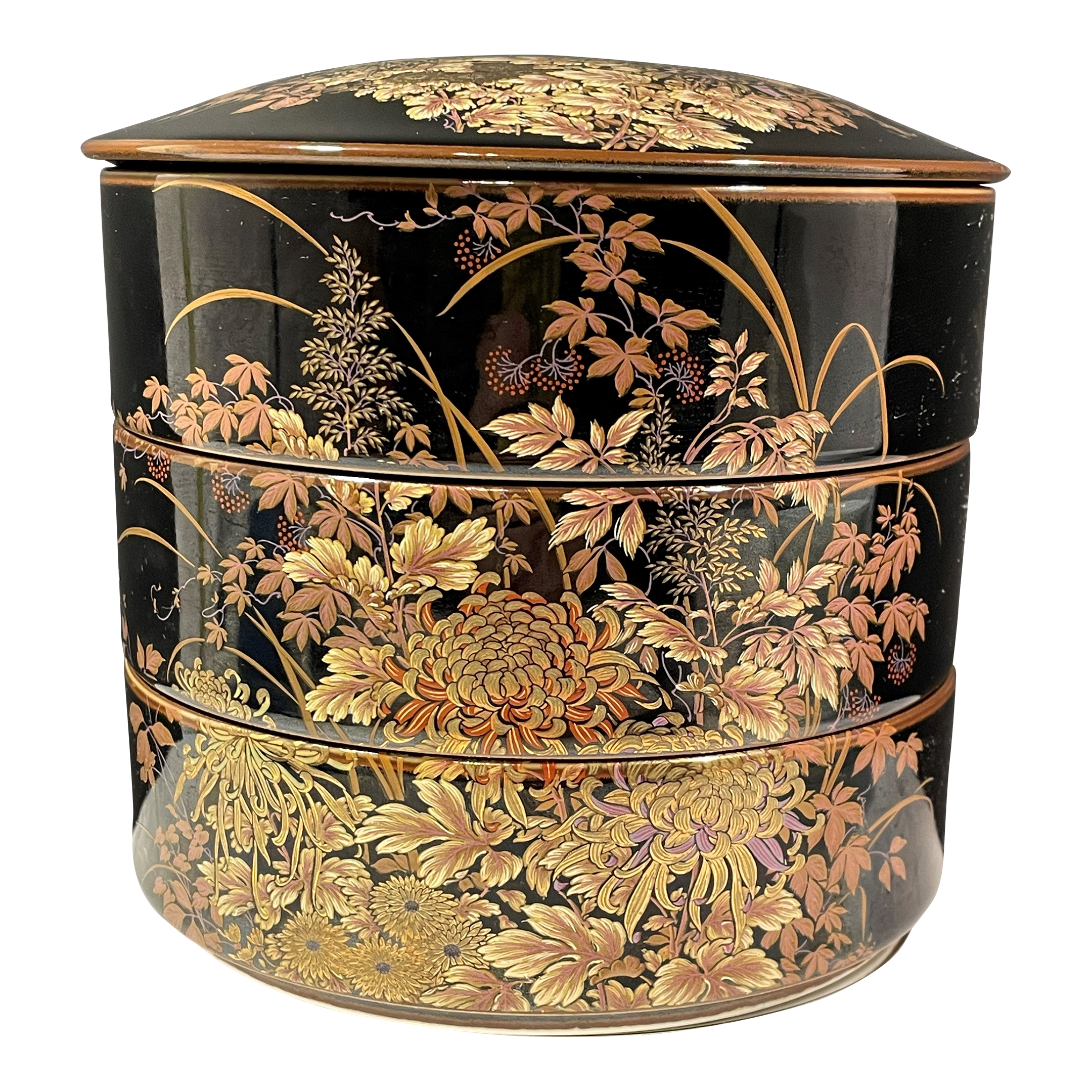 1960s Vintage Shibata Japanese 3 Tiered Black Porcelain Lidded Box
