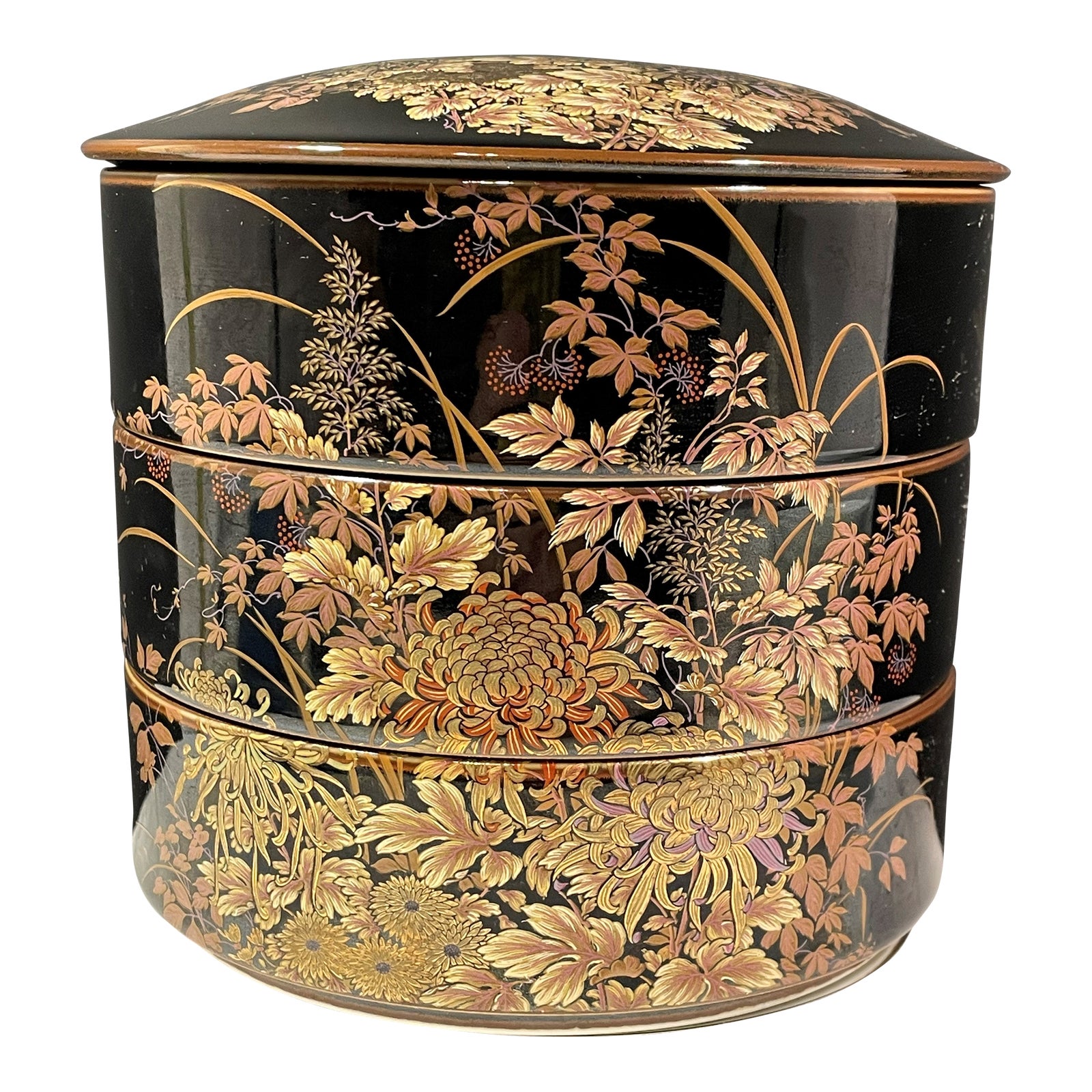柴田陶器　七宝　小物入れ ３点 shibata chinaware japan 1960s Vintage Shibata Japanese 3 Tiered Black Porcelain Lidded Box