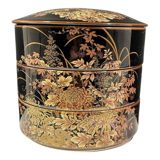 1960s Vintage Shibata Japanese 3 Tiered Black Porcelain Lidded Box Dragonflies Flower For Sale