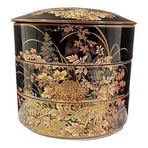 1960s Vintage Shibata Japanese 3 Tiered Black Porcelain Lidded Box Dragonflies Flower