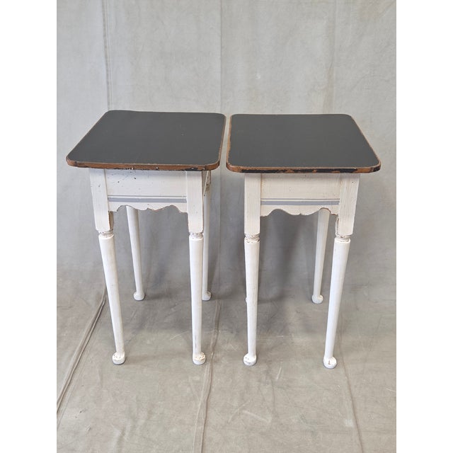 Antique Pine Nightstands Painted White With Gray Banding and Black Tops - A Pair For Sale - Image 14 of 17