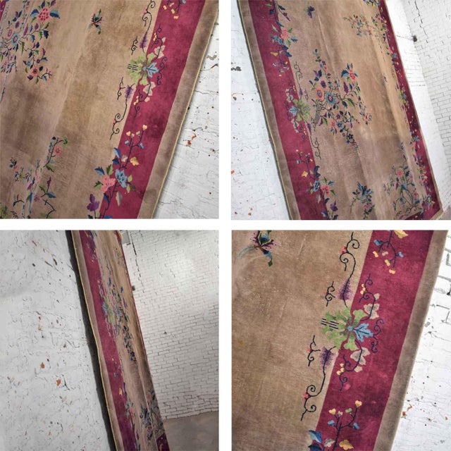 Antique Chinese Art Deco Wool Handmade Rug Taupe With Magenta Border 8’8”x11’4.5” For Sale - Image 9 of 13
