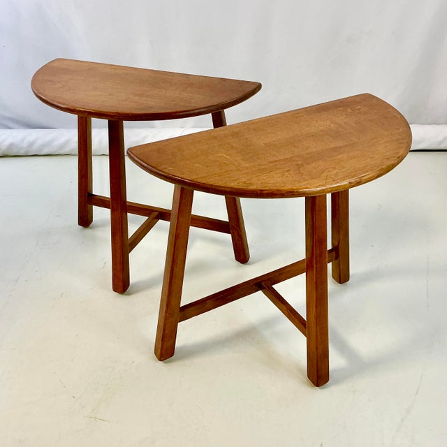 Wood 1940s Vintage Swedish Folk Art Gustavian Boho Chic Half Moon Teak Side Tables - A Pair. For Sale - Image 7 of 15