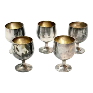 Vintage Mid Century Silver Plated Mini Aperitif Goblet Snifters - 5 Piees