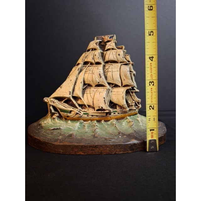 Antique Judd Co Cjo 1286 Cast Iron Sailing Ship Doorstop American Flag Painted For Sale - Image 10 of 12