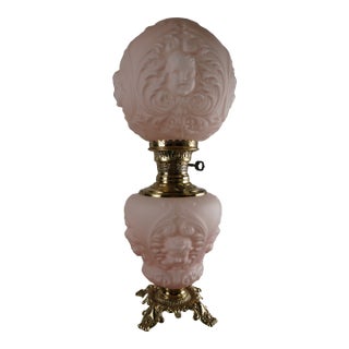 Antique Victorian Pink Satin Glass Cherub Banquet Oil Lamp With Embossed Putti Motif For Sale