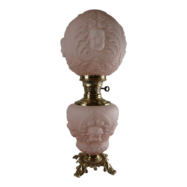 Antique Victorian Pink Satin Glass Cherub Banquet Oil Lamp With Embossed Putti Motif For Sale