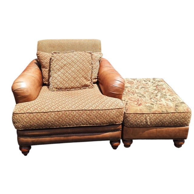 American-Made Luxury Ricardo Leather/Fabric Chair and Ottoman Set by King Hickory. For Sale - Image 11 of 12