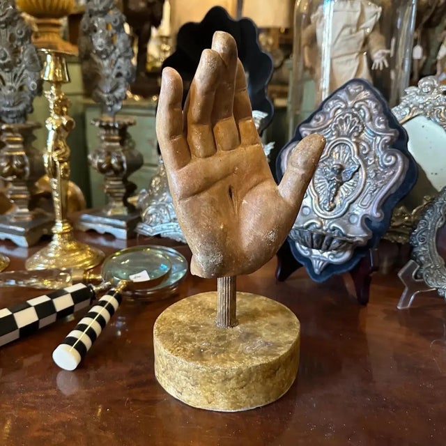 Art Nouveau 1930s Hand-Painted School Study Plaster Hand on a Faux Marble Painted Wood Base For Sale - Image 3 of 11