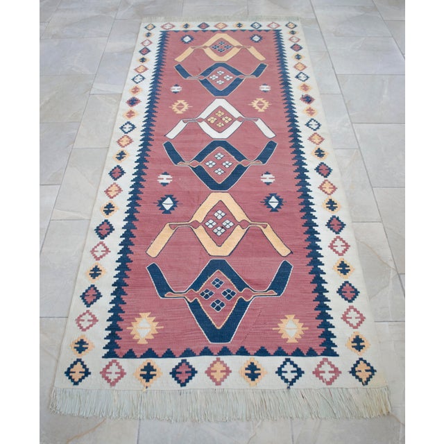 3x7 Pink Navy Silk Kilim, Modern Turkish Flatweave Runner, Handwoven Entryway Corridor Rug, Geometric Tribal Runner For Sale - Image 17 of 18