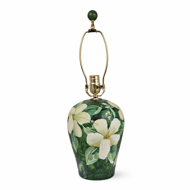 Vintage Hand-Painted Magnolia Floral Table Lamp With Painted Shade For Sale - Image 11 of 13