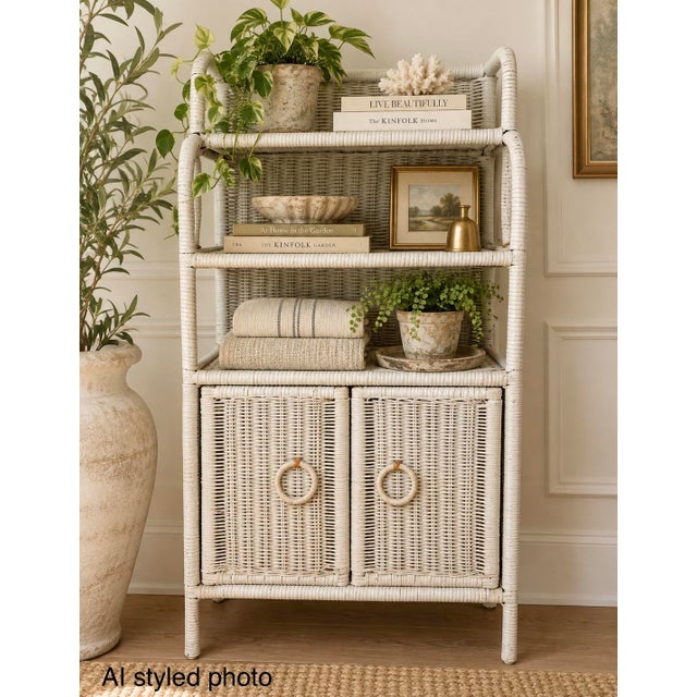 Charming vintage white wicker étagère featuring a gracefully curved frame, woven shelving, and a double-door storage...