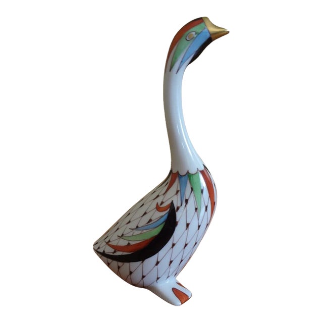 Vintage MCM Hollohaza Hungary Fishnet Hand Painted Porcelain Goose Figurine For Sale