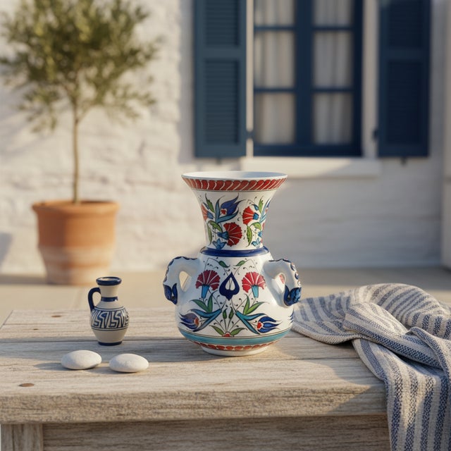 Turkish Handmade Ceramic Kandil Vase (20cm) Classic White Floral Triple Handled Form For Sale - Image 3 of 9