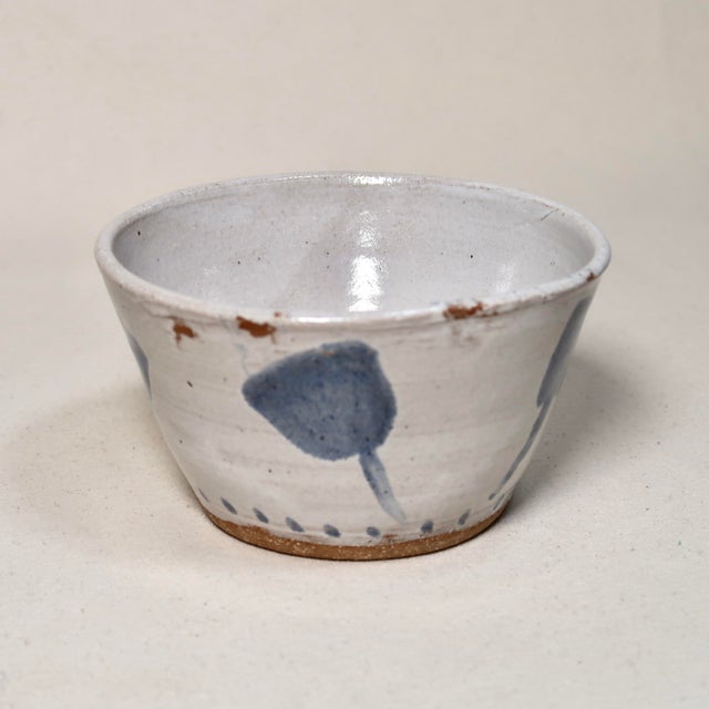 Alabaster Handmade Flared Studio Pottery Bowl With Blue Botanical Brushstroke Pattern & Milky White Glaze For Sale - Image 8 of 13