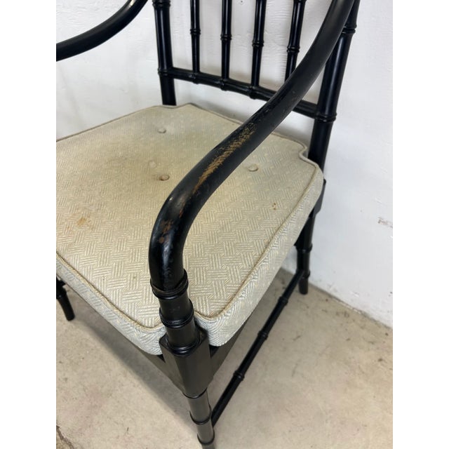 Set of 4 Mid Century Faux Bamboo Dining Chairs With Caned Seat & Tufted Cushions For Sale - Image 11 of 12