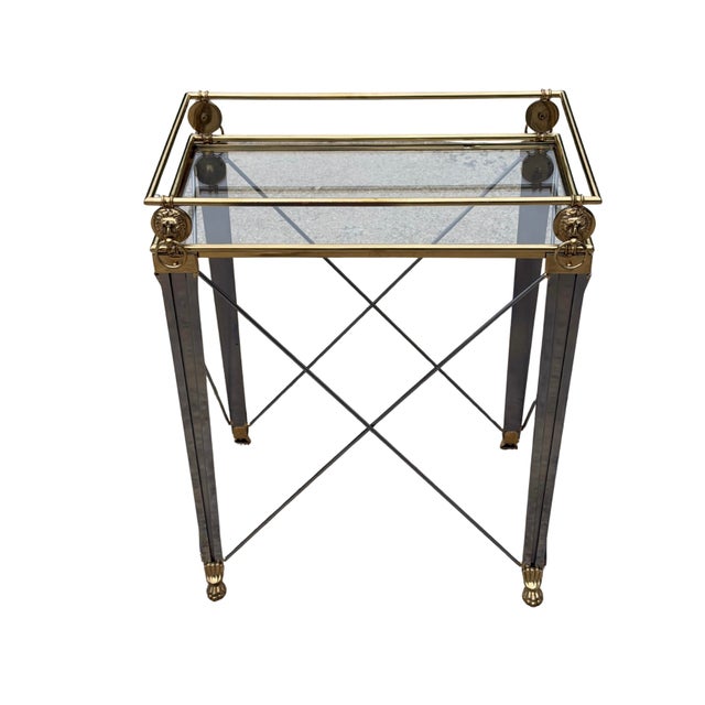 Brass Vintage Maison Jansen Style Hollywood Regency Accent Table | French Neoclassical Brass Lion Head & Paw Feet | Glass Top Side Table For Sale - Image 8 of 15