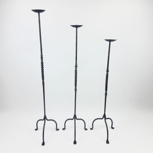 Hand Forged Iron Candelabra Set of 3 (93-113cm) Antique Copper Finish Barley Twist Stem with Arched Base For Sale - Image 6 of 6