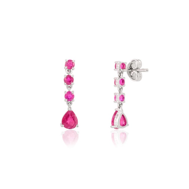 Natural 2.11 Carat Ruby Dangle Drop Wedding Earrings in 14k White Gold- A Pair For Sale - Image 4 of 9
