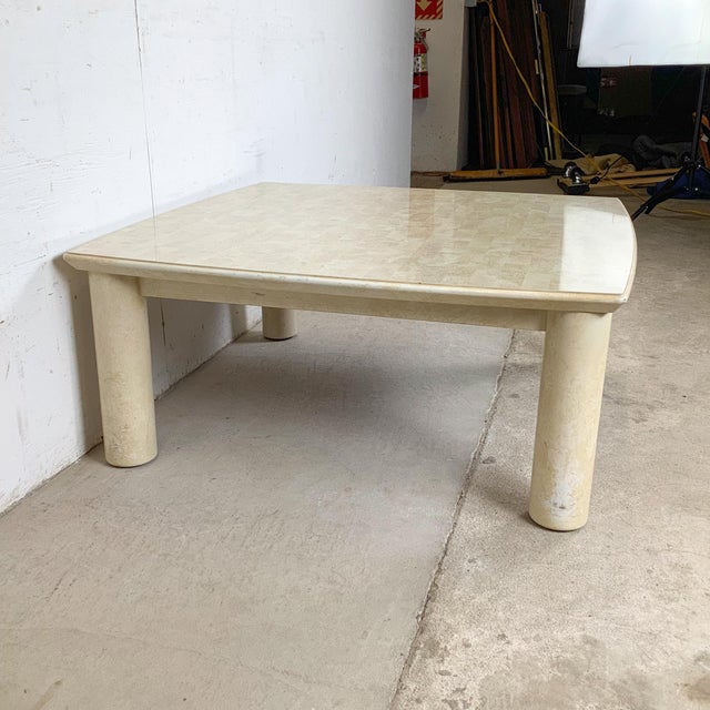 Lane Furniture 1980s Lane Postmodern Faux Parchment Coffee Table With Sculptural Cylinder Legs For Sale - Image 4 of 18