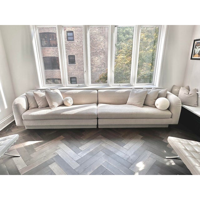 Cloud Pouf Sofa in Fog Grey Boucle 1980's. Reupholstered in boucle Measures 144" long 29" tall 36" deep 18" seat height