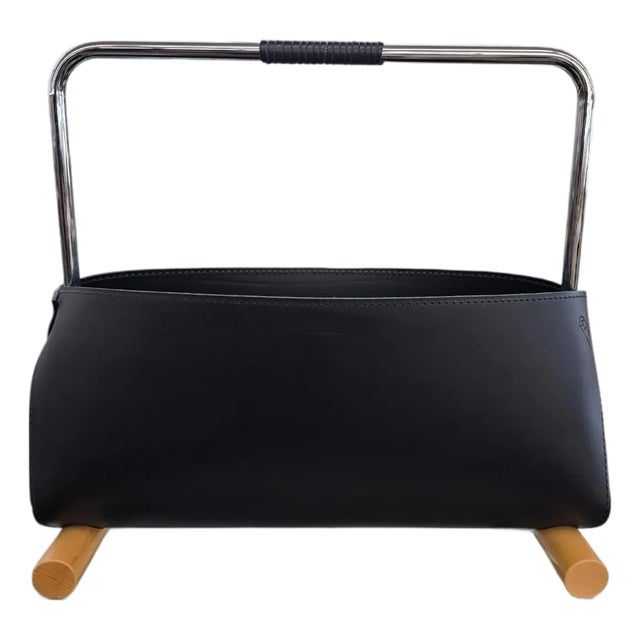 PostModern 1980's Arrben Italian Leather, Chrome & Wood Designer Magazine Holder For Sale