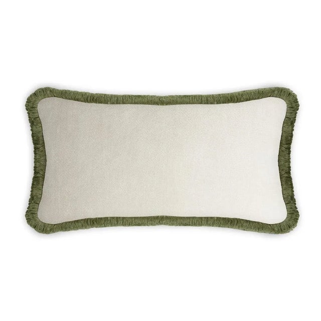 Early 21st Century White Velvet with Green Fringes Rectangle Happy Pillow from Lo Decor For Sale - Image 5 of 5