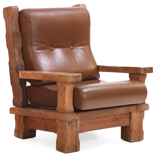 Brutalist A Pair of French Brutalist Style Oak Armchairs, C. 1960. For Sale - Image 3 of 7