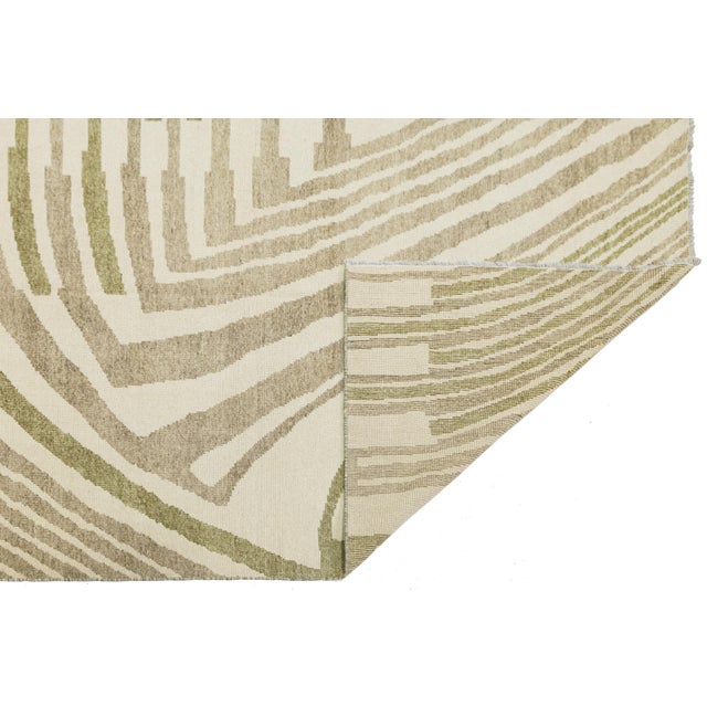 Abstract Contemporary Abstract Geometric Wool Area Rug – Olive Green & Cream Modernist For Sale - Image 3 of 12
