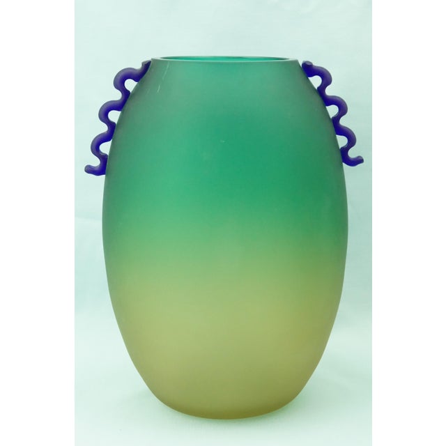 Glass Green and Yellow Acid-Etched Opaque Murano Glass Deco Vase, Venice, Italy, 1950s For Sale - Image 7 of 18