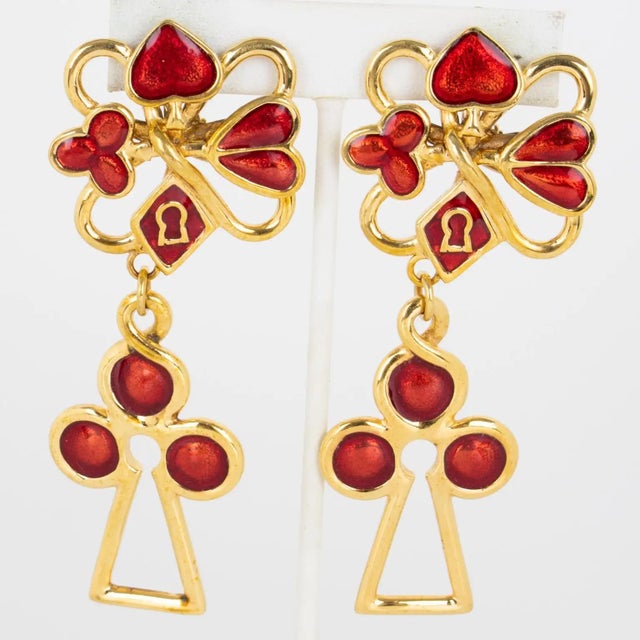 Contemporary Rochas Gilded Metal and Red Enamel Clip Earrings For Sale - Image 3 of 7