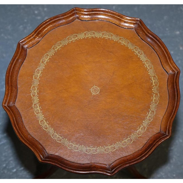Vintage Georgian Style Tripod Table with Scalloped Edge and Brown Leather Top For Sale - Image 4 of 10