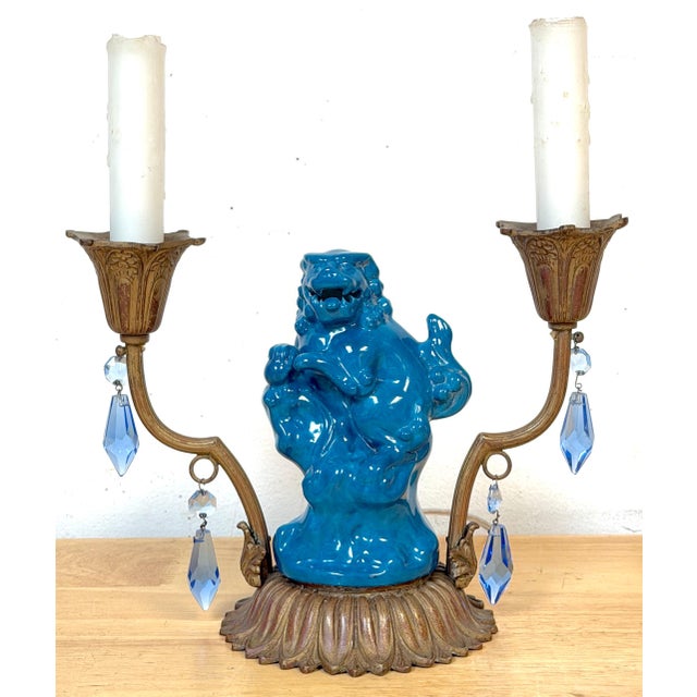 French Belle Époque Chinoiserie Foo Dog Candelabra Lamp, Turquoise Flambé & Gilt Bronze A striking and highly decorative...
