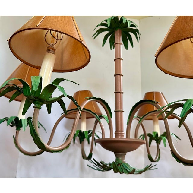 Metal Late 20th Century Palm Beach Regency 6-Light Tole Palm Tree Chandelier With Shades For Sale - Image 7 of 10