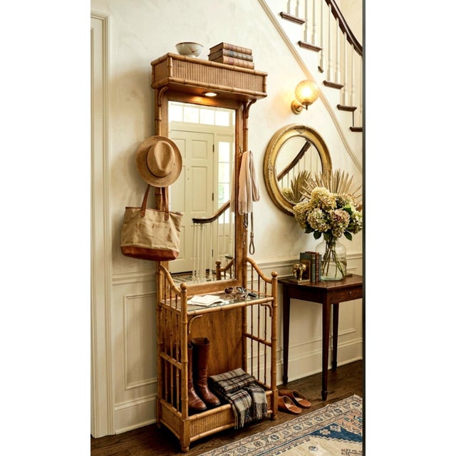 Traditional Vintage Faux Bamboo & Woven Rattan American of Martinville Mirrored Hall Tree Umbrella Stand Coat Rack For Sale - Image 3 of 8