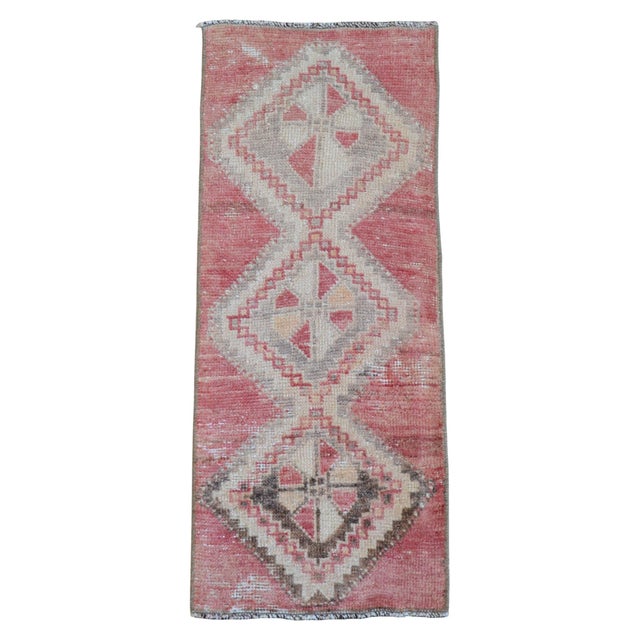 Vintage Faded Pink Turkish Rug 1x3 Hand Knotted Small Boho Mat Wool Runner Decor For Sale - Image 4 of 11