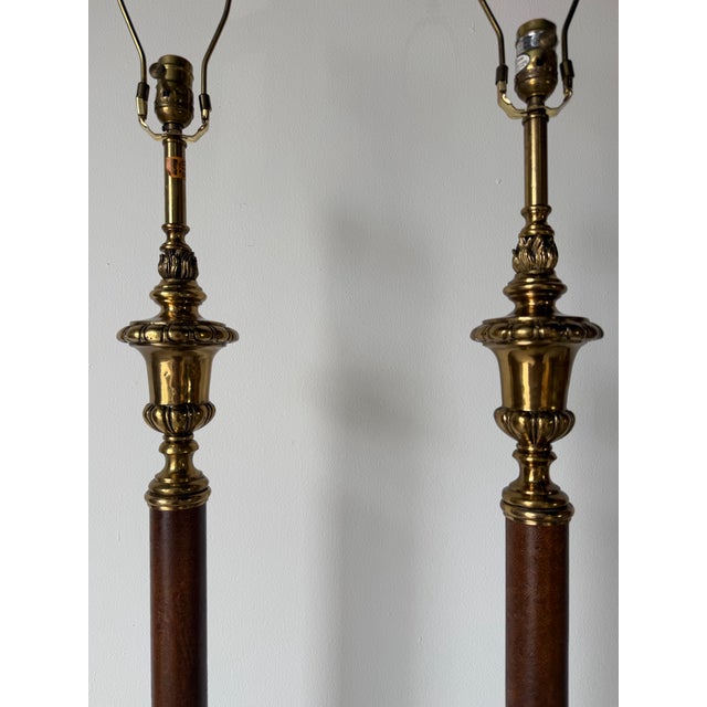 Metal Vintage Neoclassical Style Brass & Leather Column Floor Lamps — A Pair For Sale - Image 7 of 12
