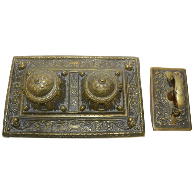 Victorian Bronze English Inkwell Set With Rocking Blotter For Sale - Image 11 of 11