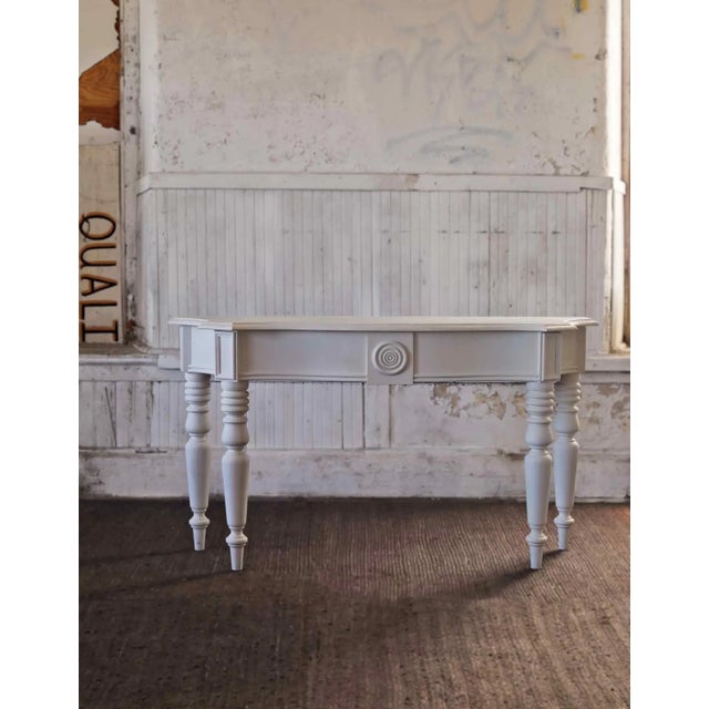 Vintage custom artisan made console table from a New England estate. Circa 1981. More recently painted in 'magnolia white'.
